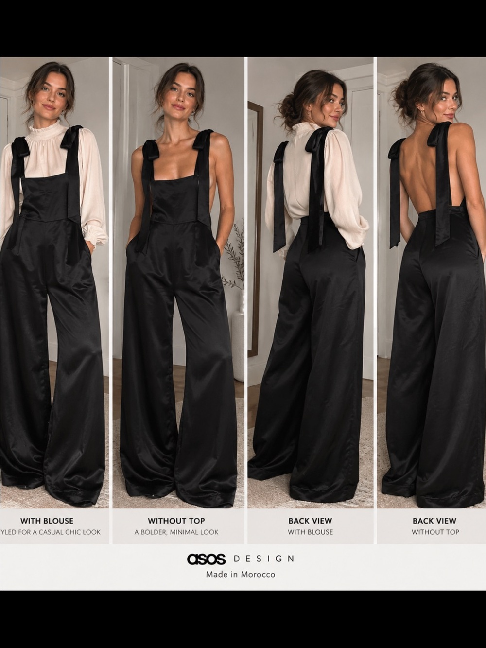 Black Satin Wide-Leg Tie-Strap Jumpsuit